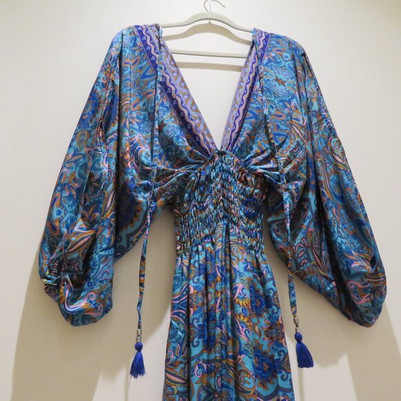 ADDICTIVE Silk Blend V Neck Smocked Paisley Boho Maxi Dress Balloon Sleeve - Picture 13 of 15